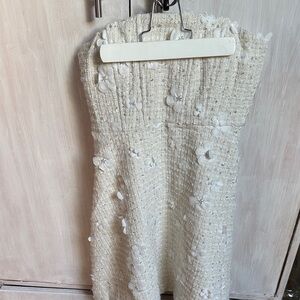 Elegant Anthropologie White Strapless Tweed Dress with Floral Accents